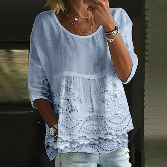 Damen T-Shirt Rundhalsausschnitt Halbe Ärmel Stickerei Blumenmuster Lockerer Saum T-Shirt Einfarbige Falten Design Sommer Oberteile