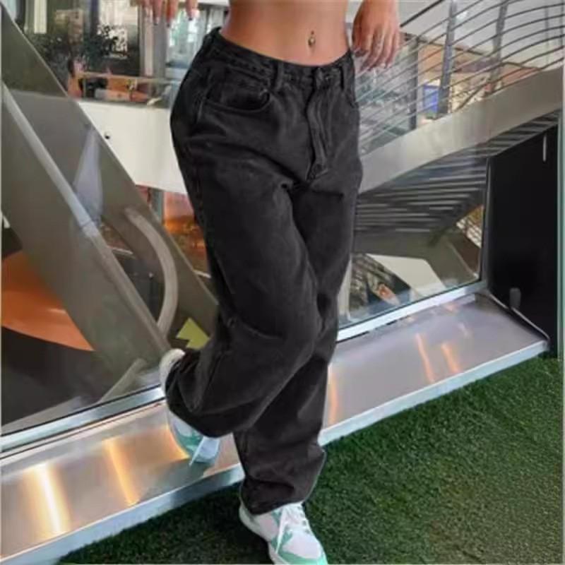 Womens Relaxed Fit Vintage Washed Denim Jeans Straight Leg Mid-Rise Casual Trousers