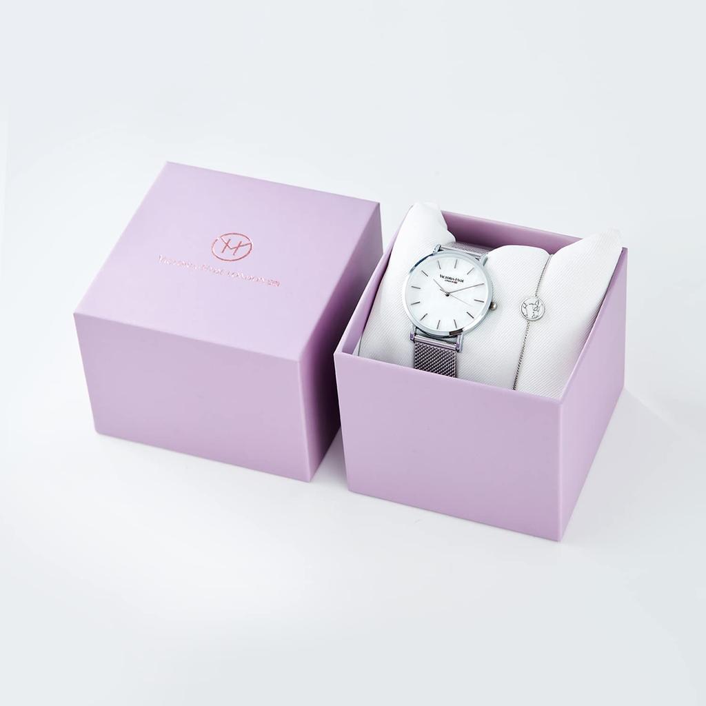 VICTORIA HYDE Uhrenarmband-Set, einfache Quarzuhr, wasserdicht, Edelstahl-Mesh-Band, abnehmbar, modische Uhr, Geschenk für Damen (Grau)