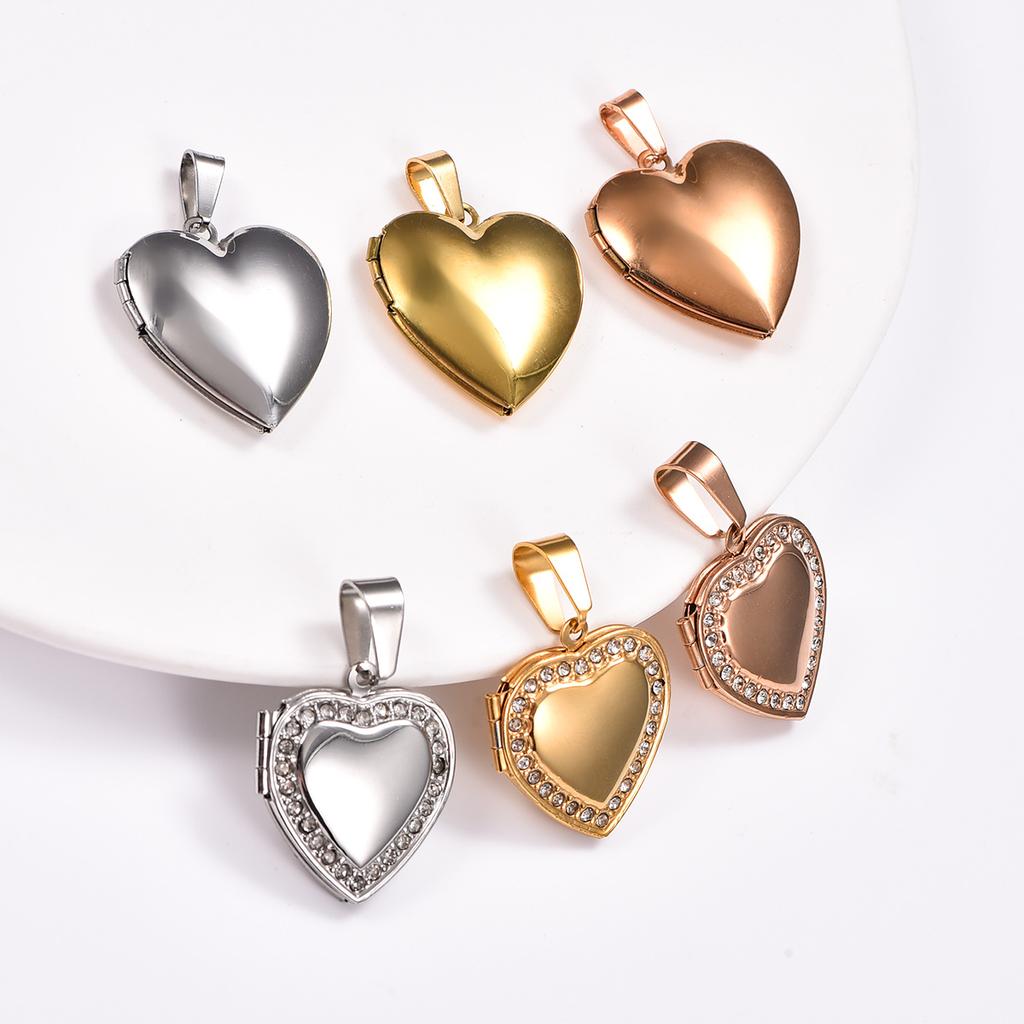 Stainless Steel Zirconia Heart Photo Locket Pendant Openable Picture Box Frame Charms Chain Necklace for Women Men Metal Jewelry