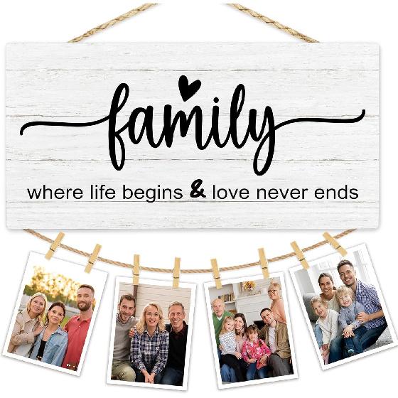 Семейная фоторамка, Настенный дисплей для фотографий, Подарки на семейную встречу, Доска «Где начинается жизнь и любовь никогда не кончается», Держатель для фото для настенного декора