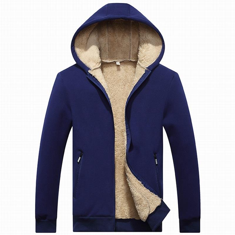 Winter Fleece-Lined Thickened Hoodie for Men Shearling-Lined Pure Cotton Cardigan Warm-Weather Outerwear Solid-Colour Hooded Fleece-Lined Sweatshirt