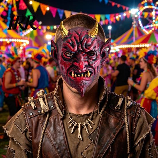 Full Face Mask Halloween Red Devil Cosplay Mask, Creepy Golden Horned Demon Latex Breathable Masquerade Costume Party for Men Adults Scary