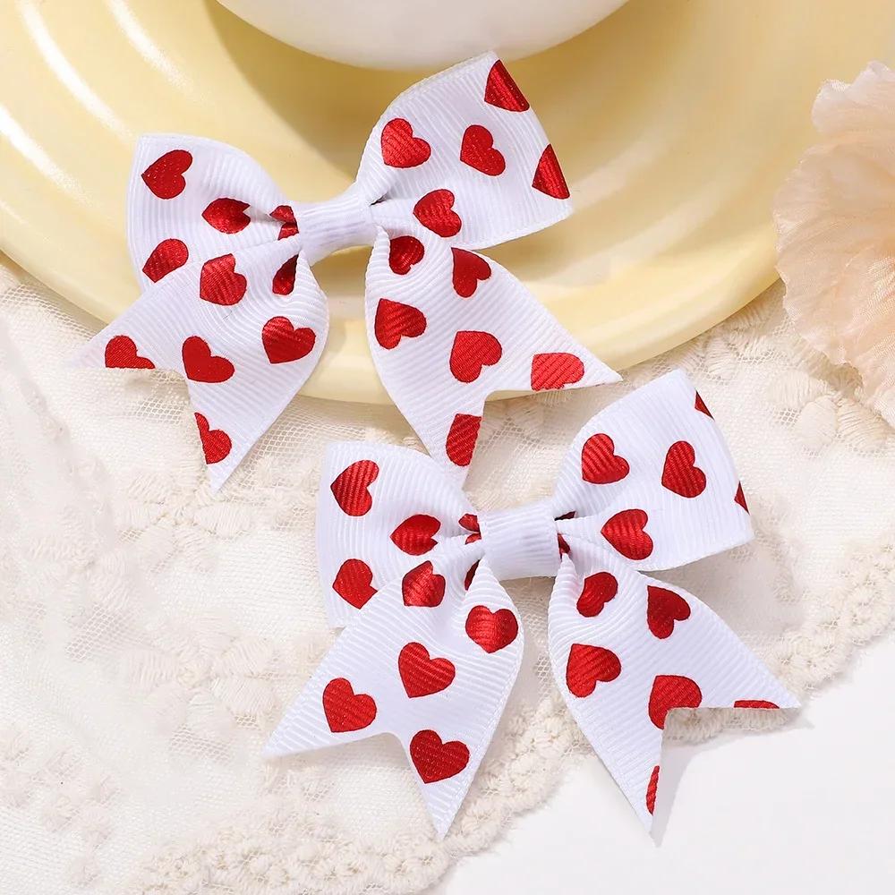 2Pcs/set 2.36''  Valentine's Day Printed Bow Hairclips for Girls Children Ribbon Hair Bows Clip Cheer Up Hair Accessories Gifts