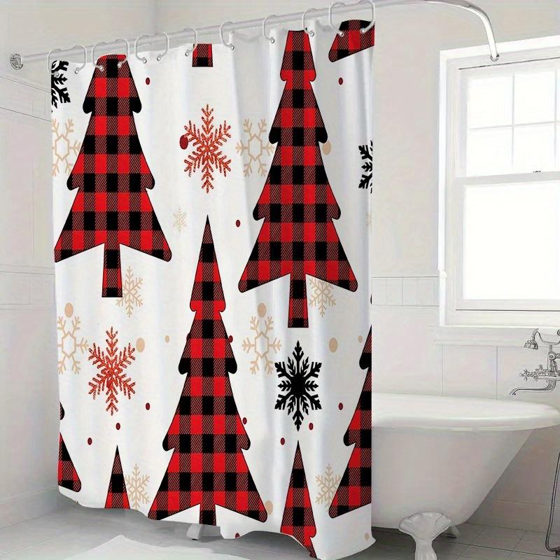 1Pc Red And Black Plaid Snowflake Pattern Shower Curtain, Polyester Fabric, Machine Washable, Suitable For Bathroom Decoration