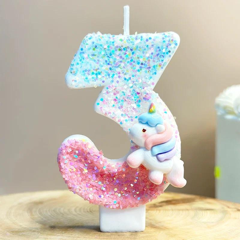 Unicorn Birthday Candles 0-9 Number Pink Blue Cake Candle Fashion Cartoon Anime Topper Party Cute Decoration Animal