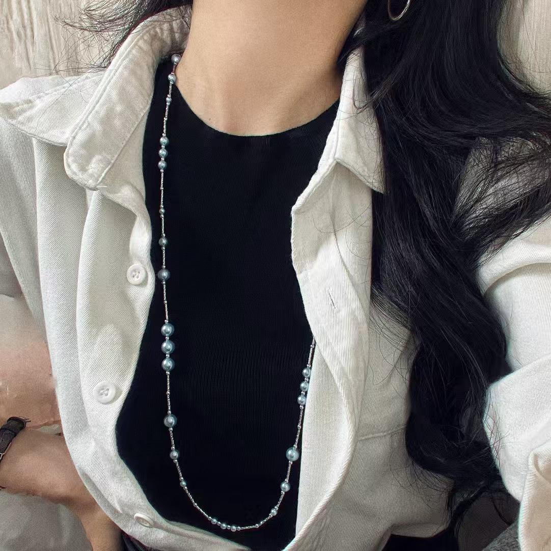 Vintage Blue Enchantress Artificial Crystal Pearl Design Clavicle Chain Necklace Sweater Chain