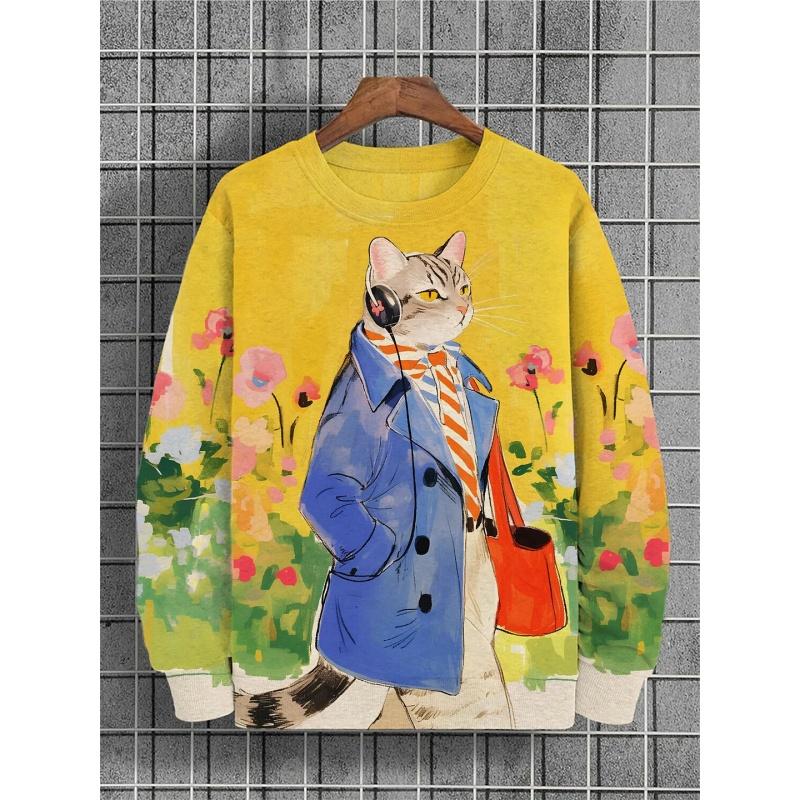 Ski Cycling Cat 3D Print Hoodies for Women Animal Astronauts Pattern Long Sleeved Sweatshirt Autumn Oversized Round Neck Pullovers