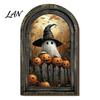Decorative Halloween Desktop Accents Arched Wooden Wall Hanging Plaque, Double-Layer Distressed Ghost Cat Ornament, Rustic Tabletop Signs Gothic