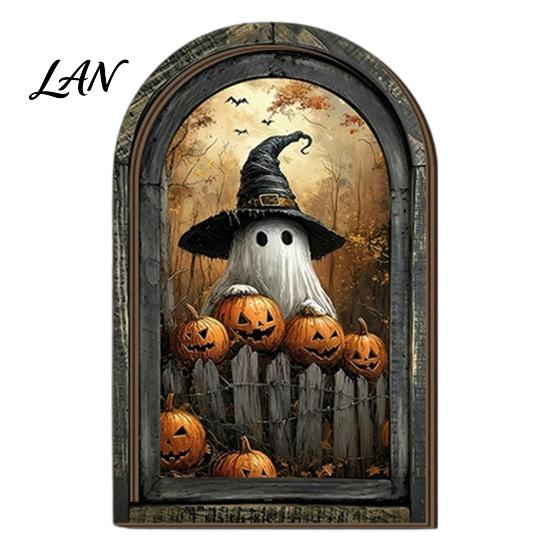 Decorative Halloween Desktop Accents Arched Wooden Wall Hanging Plaque, Double-Layer Distressed Ghost Cat Ornament, Rustic Tabletop Signs Gothic