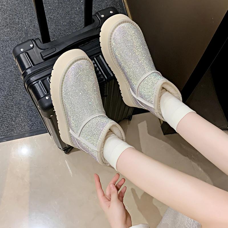 Fashion Women's New Winter Thick Soled Snow Boots Round Head Suede Rhinestone Anti-slip Wear-resistant Short Boots