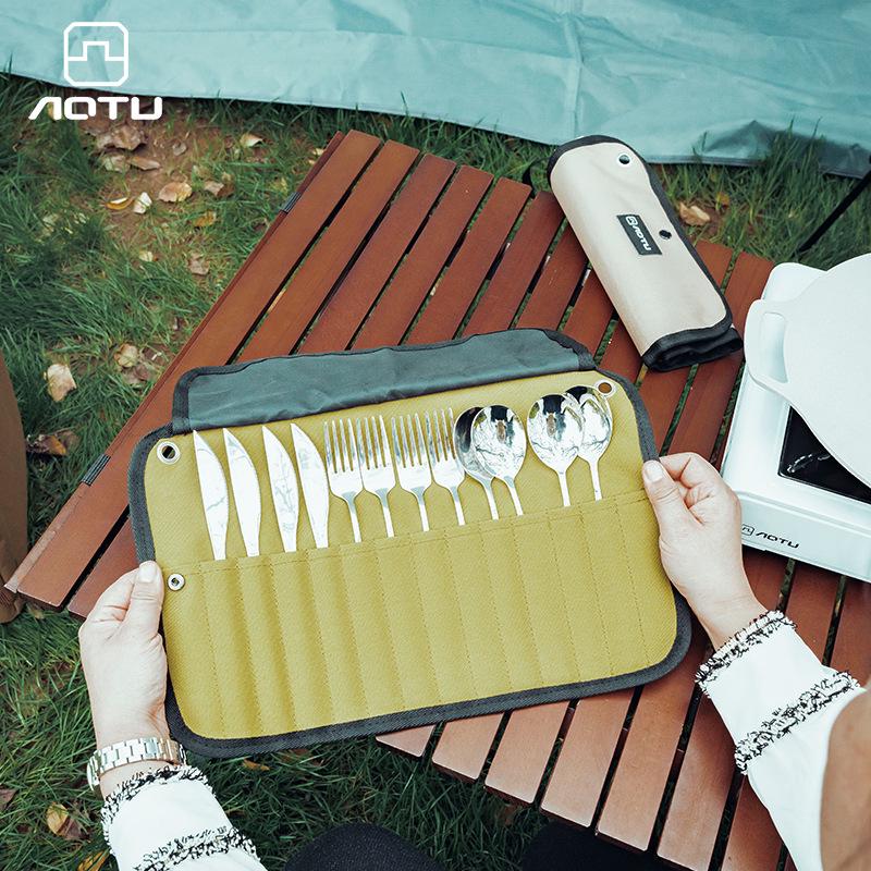 304 Stainless Steel Camping Cookware Set with Storage Bag, Chopsticks, Spoon, Fork, and Table Knife