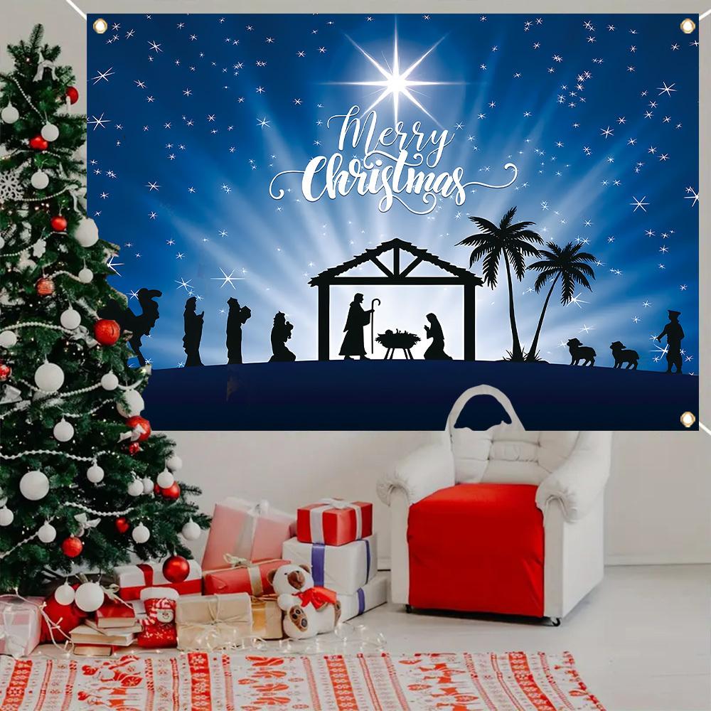 1pc Merry Christmas Nativity Scene Polyester Banner Starry Blue Night Sky Design Winter Holiday Party and Home Wall Decoration