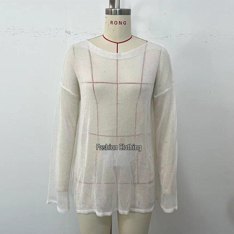 European & American Women's Sexy See-Through Loose Pullover Cardigan – Long Sleeve, Round Neck, Solid Color, Fashion Sun Protection