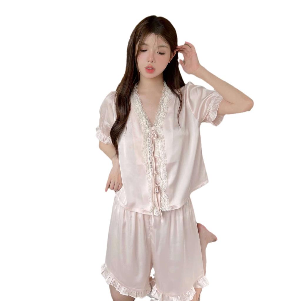 New Pajamas Women's Ice Silk Summer Thin Girl Sweet Lace Short-sleeved Shorts Silk Loungewear Set