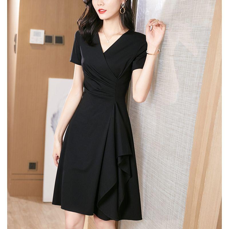 

Dress Women s 2025 Summer New Arrival Black Waist Slim Looking Elegant Short Sleeve V Neck Hepburn Little Black Dress Silm Black [short sleeve]] S