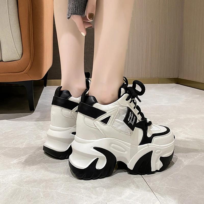 Fashion Women Walking Sneakers 2025 Spring Lace-up High Platform Chunky Shoes Breathable Leather Shoes 10CM Wedge Heels Casual Shoes