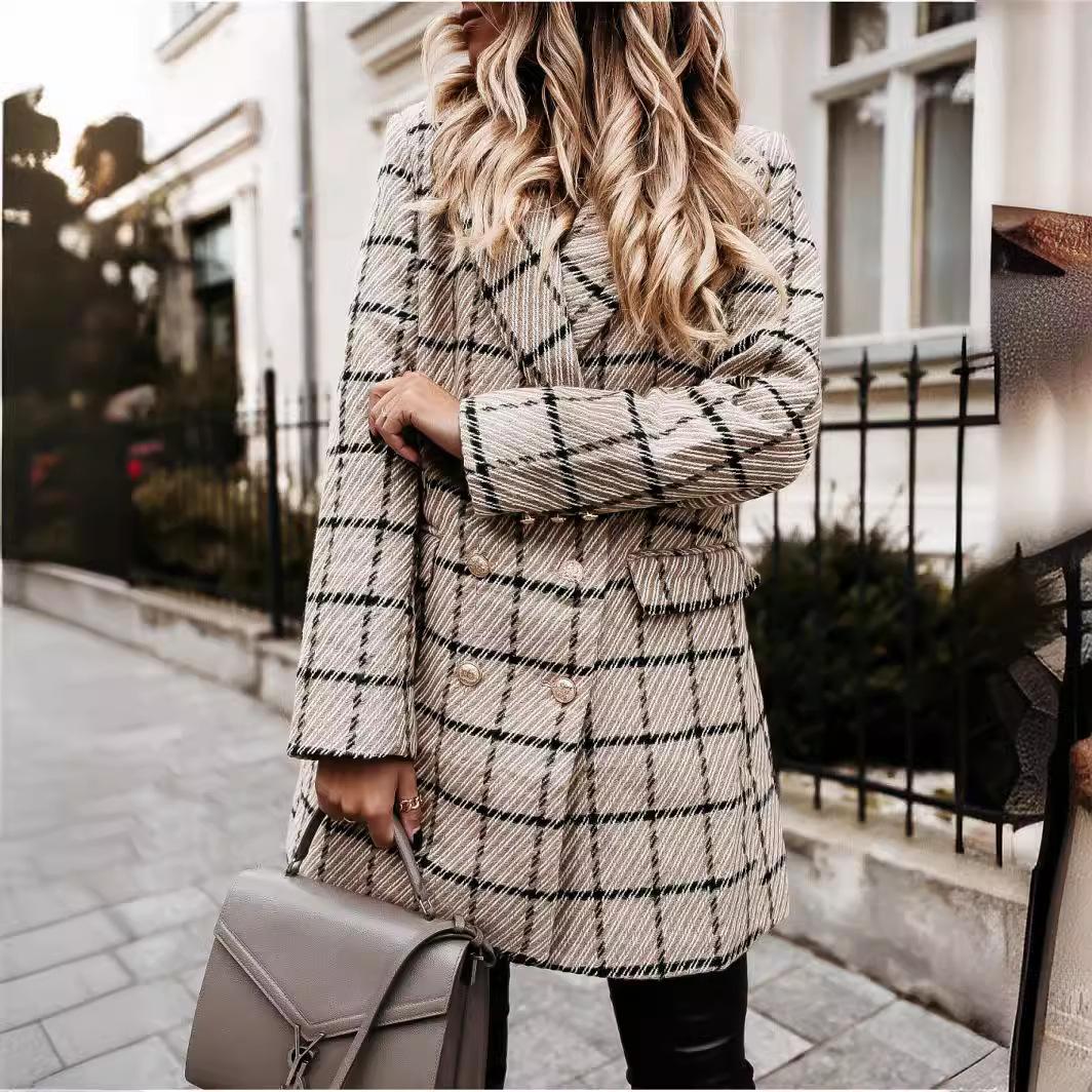 

2025 Heritage Tweed Coat - Mid-Length Checkered Blazer W/ Notched Collar, Double-Breasted Wool Blend Outerwear for Office-to-Dinner 2XL хакі