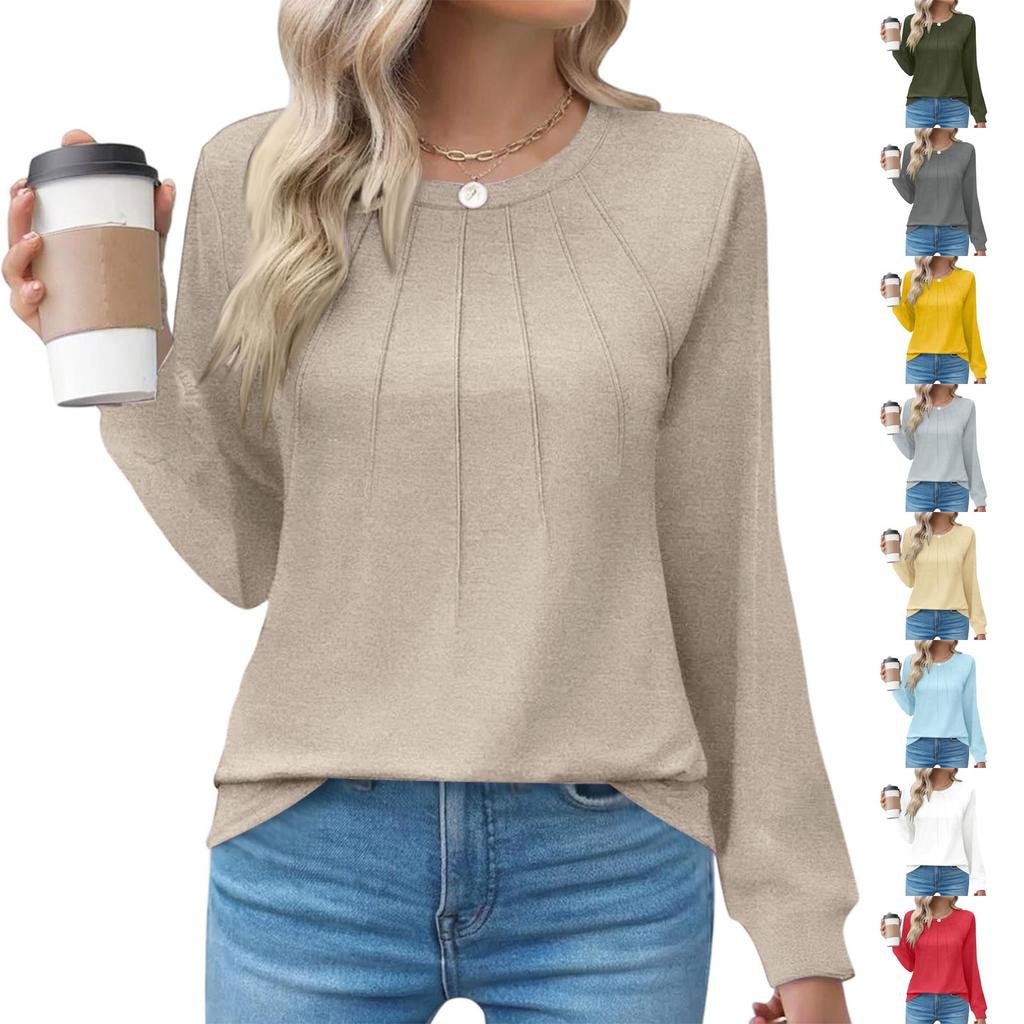 Women's Fashion Casual Solid Color Pleated Comfortable Round Neck Loose Long Sleeve T-shirt Top