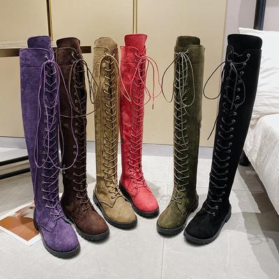Casual Women's Boots Low Heels Flock Winter Over Knee Boots for Woman 2024 Lace Up Fashion Female Thigh High Boots