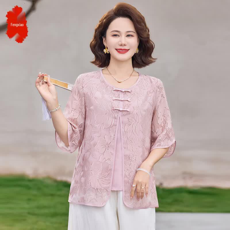 

Women s Faux Two-Piece Short Sleeve Top with Chinese Style Disc Buckle XL