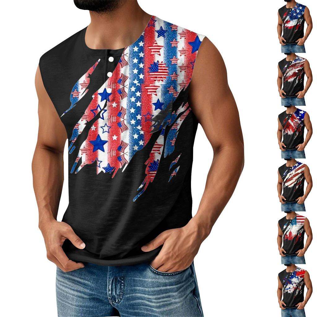 Men's Summer Independence Day Printed Sports Button Pocket Sleeveless Tank Top