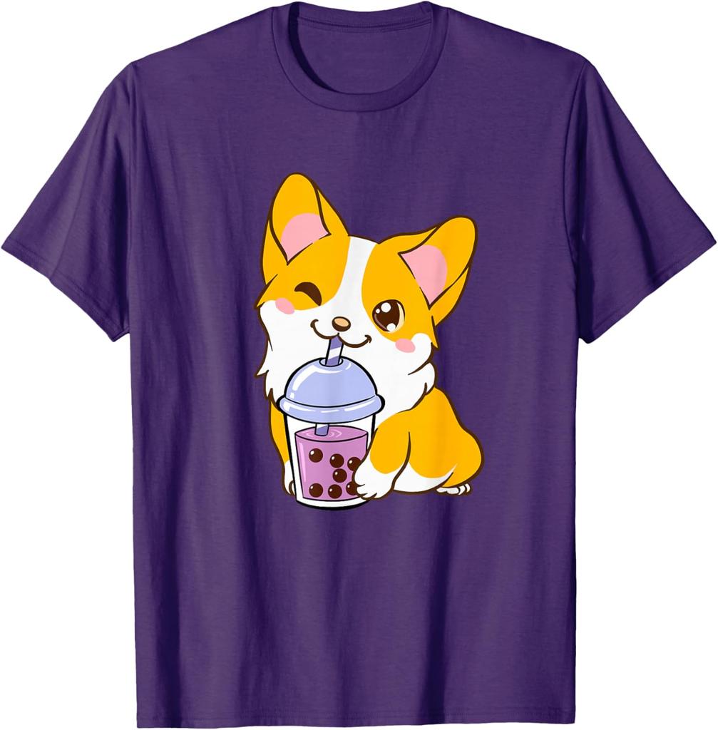 Kawaii Corgi Drinking Boba Tea Cute Dog Lover Graphic Tee Casual Short Sleeve T-Shirt