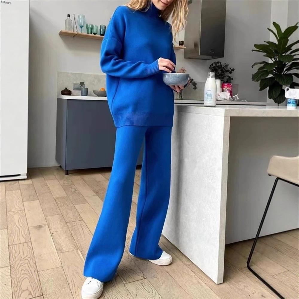 High-Quality Solid Color Knit Set: Women's High Neck & Wide Leg Pants Two-Piece for Autumn/Winter 2025