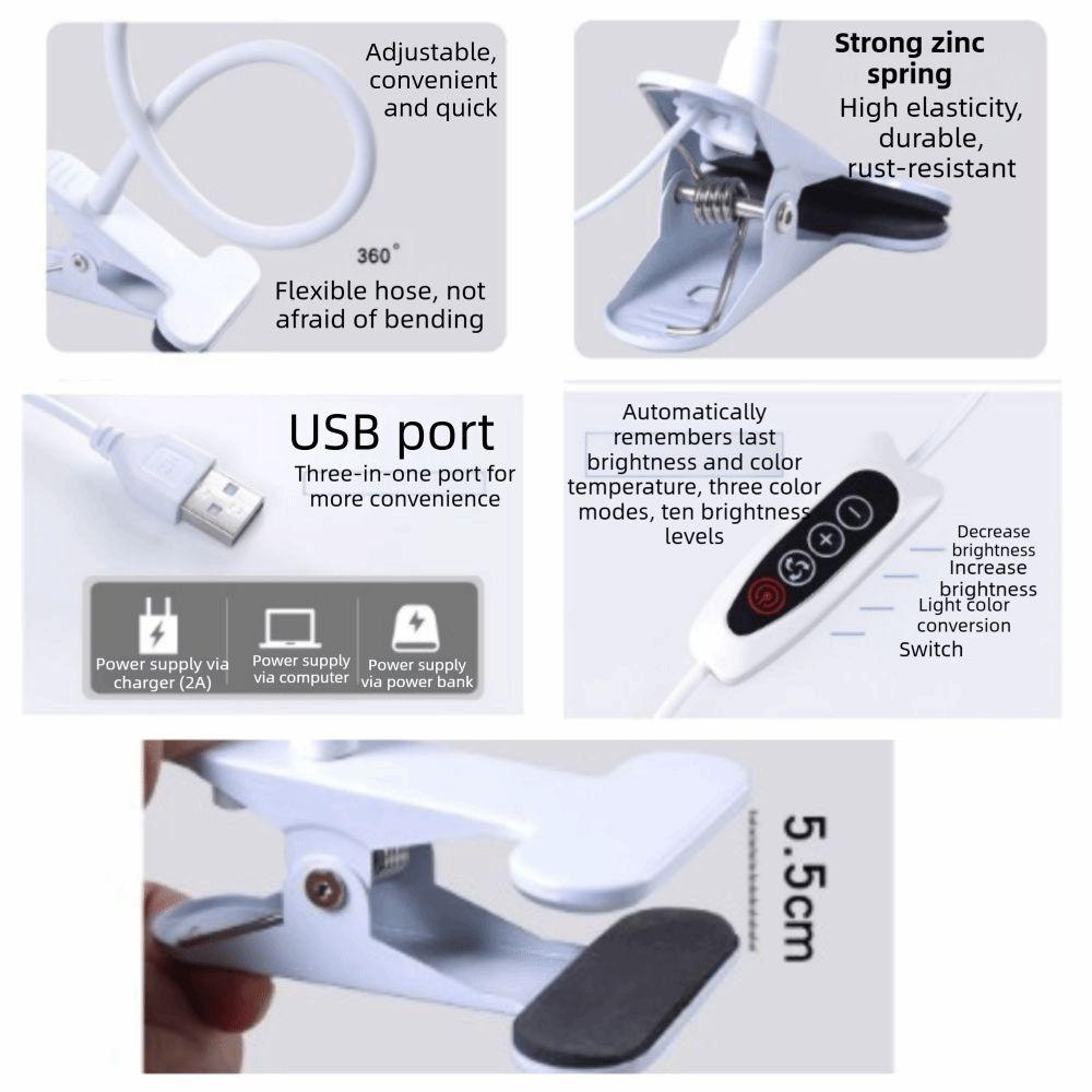 Adjustable LED Desk Clip On Lamp 360° Rotate 10 Brightness Reading Light with Clamp Eye Protection Dimmable Brightness