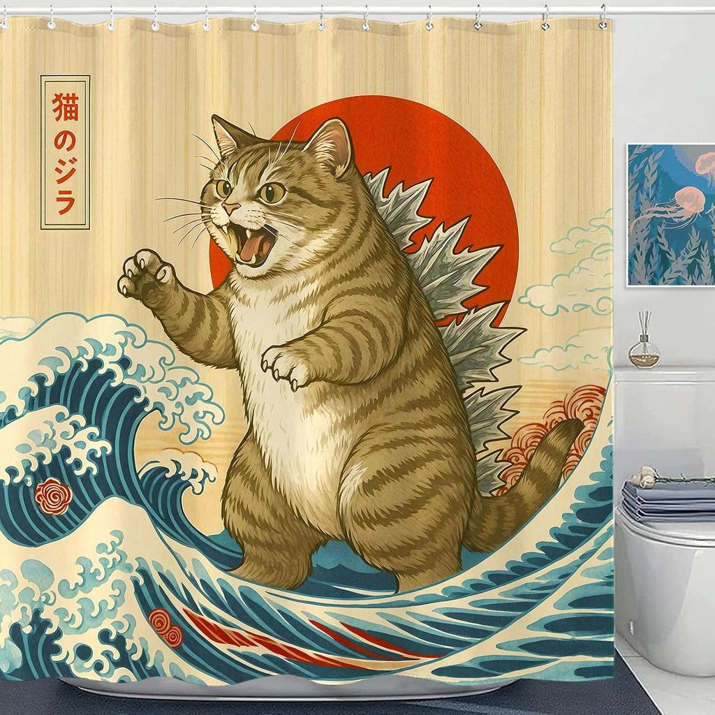 Funny Cat Shower Curtain Set Great Wave Art Style Relaxing Feline Waterproof Bathroom Shower Curtain Japanese Scene Home