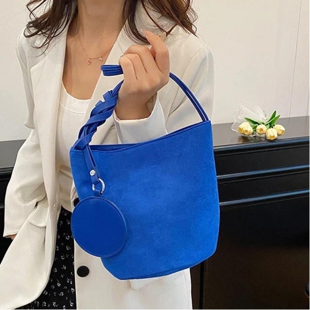 Fashion Solid Color Suede Bucket Bags Large Capacity Buckle Underarm Bag Phone Handbags Women