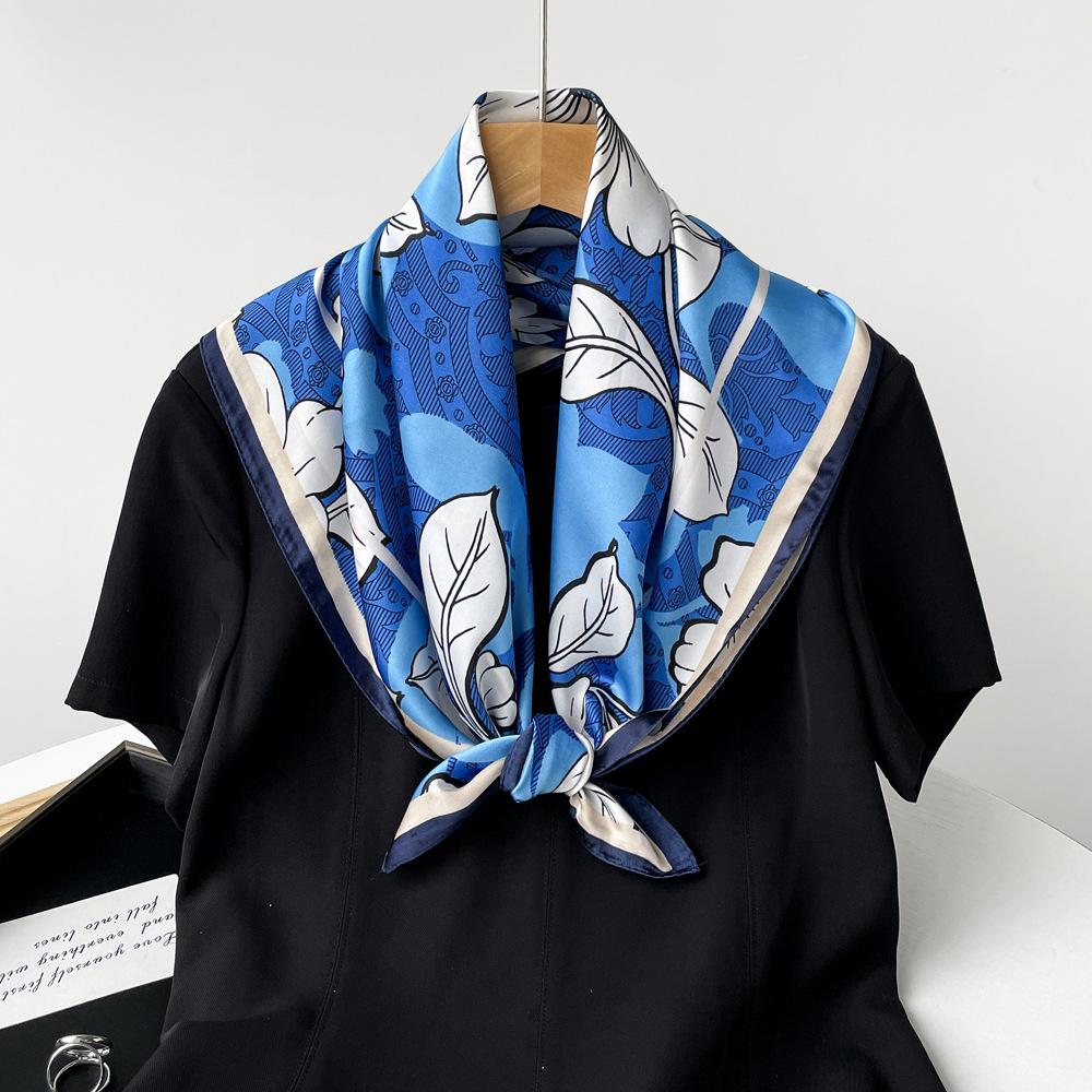 Premium Blue Silk Scarf Women's Small Square Scarf Headband Retro Flower Print New Scarf Satin Scarf