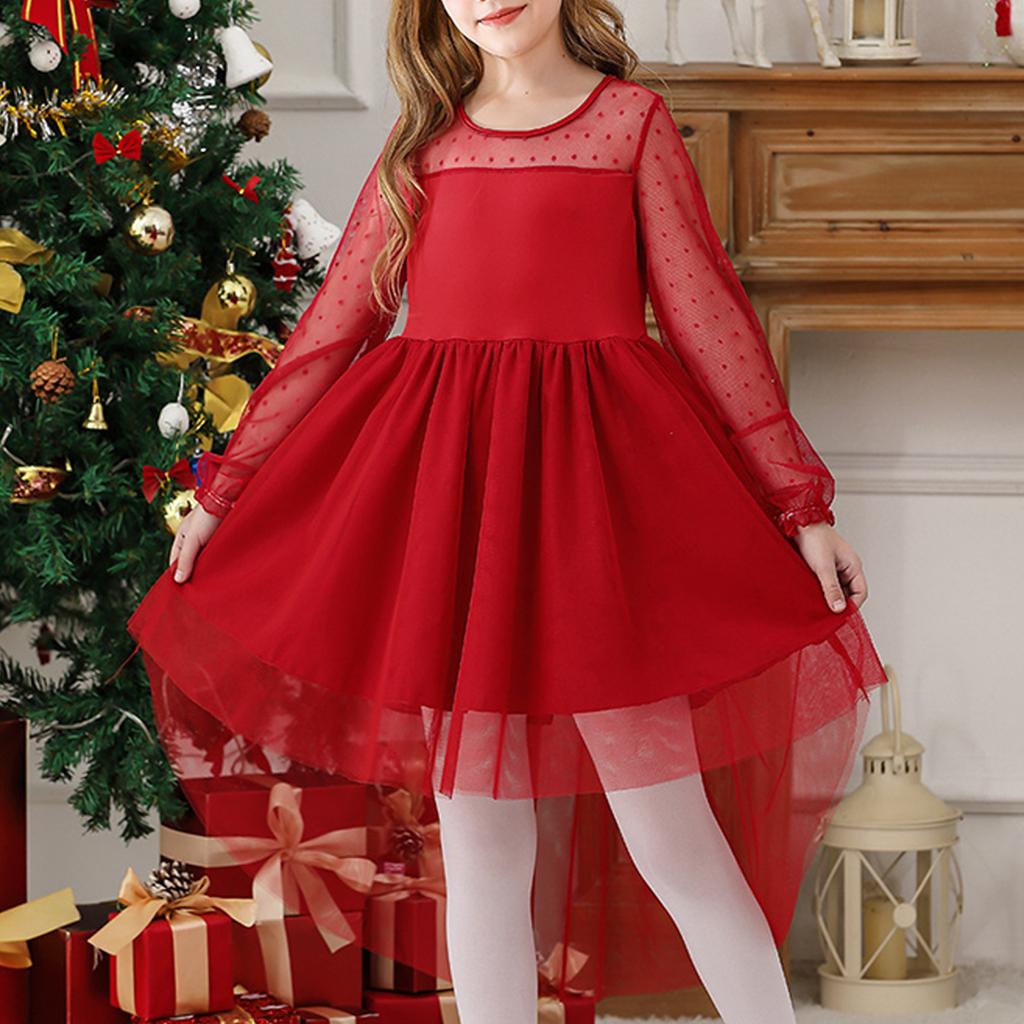 Girls Dresses Contrast Mesh Long Sleeve Twirly High Low Birthday Party Formal Dress