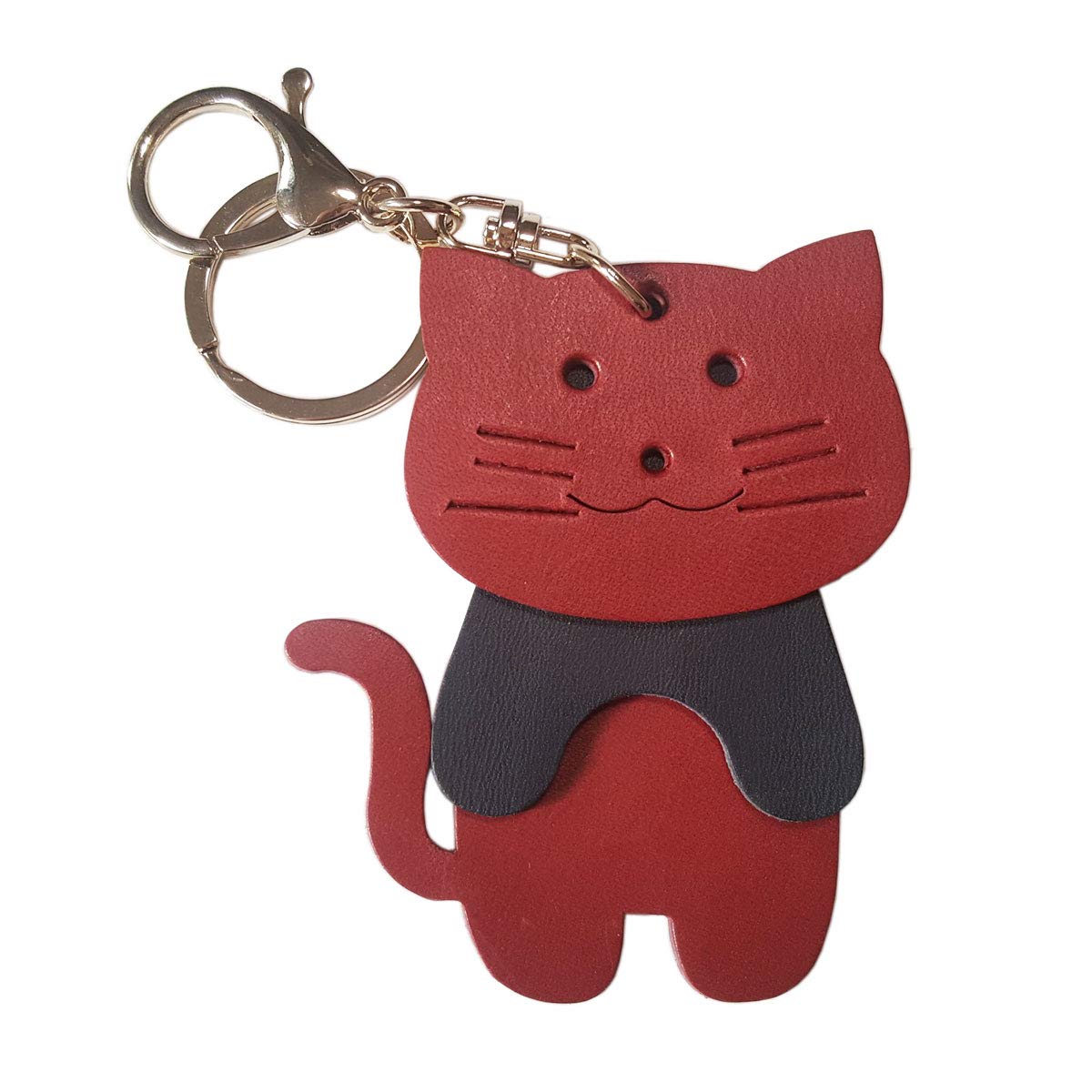 

[byDream] 3-Section Cat Keychain, Genuine Leather, Perfect for Cat Lovers, Bag Charm, 8cm Large Cat, Cowhide Leather, Gift, Gift (Wine)