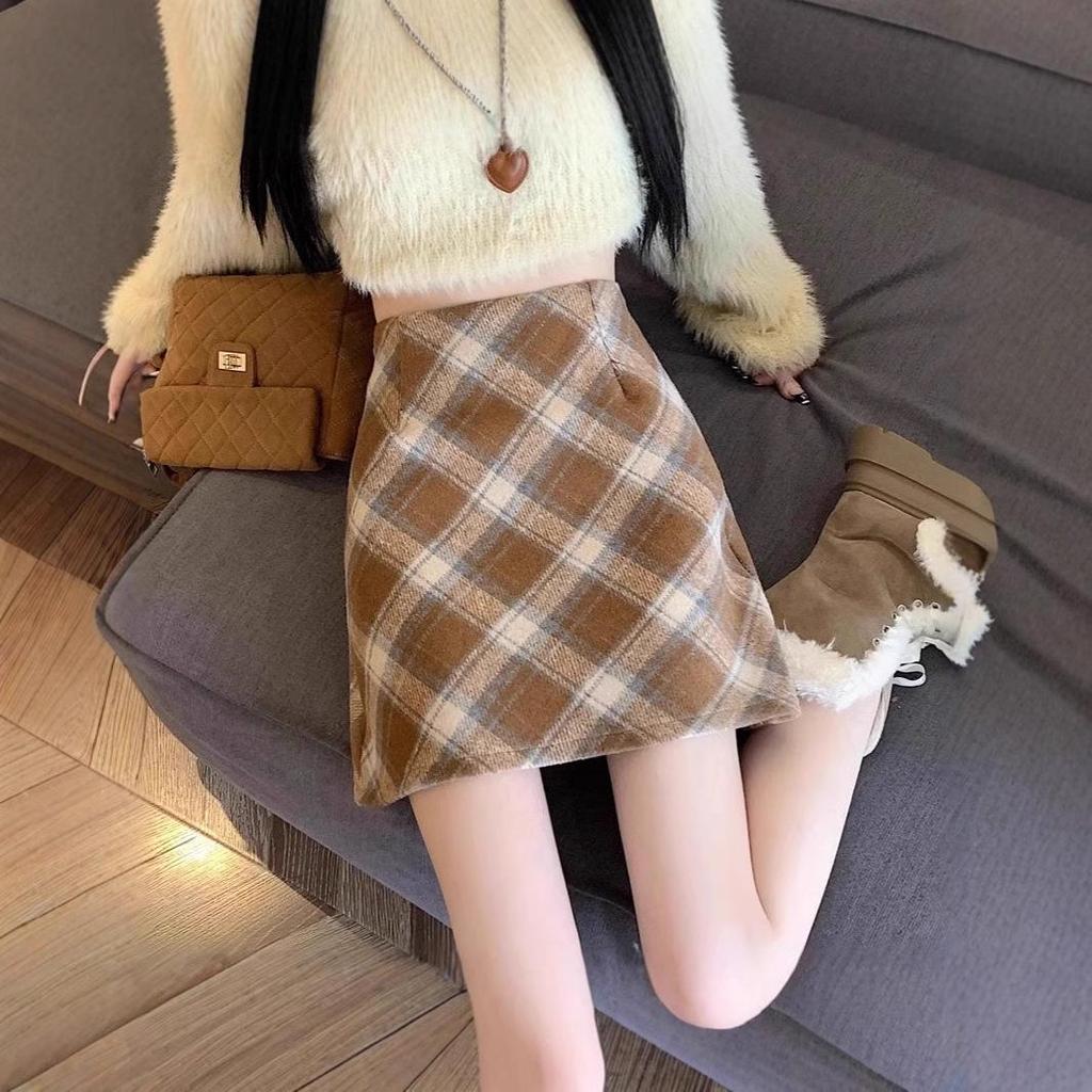 Dámská retro vlněná kostkovaná sukně A-linie s vysokým pasem - Podzimní/zimní slim fit krátká sukně