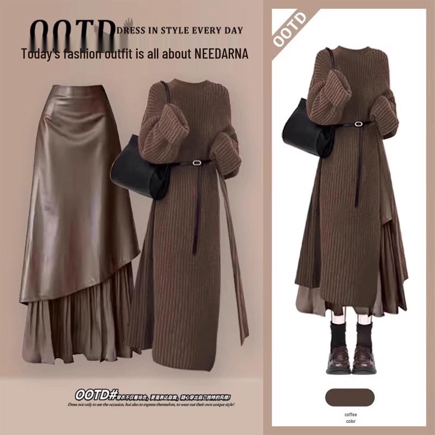 

Women s Maillard Style Winter Outfit: Long Knitted Sweater Dress & Irregular Slimming Skirt Set. M (95-105 lbs)