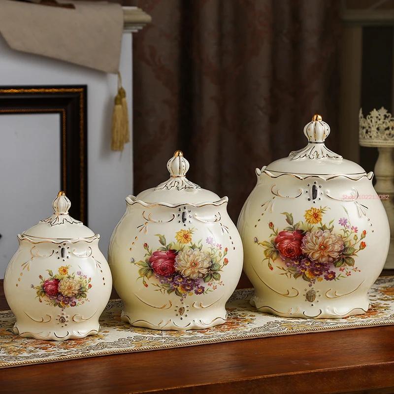 European-style Ceramic Sealed Candy Jar Coarse Grain Storage Cans with Lids Tea Cans Home Kitchen Storage Decoration Kimchi Jar