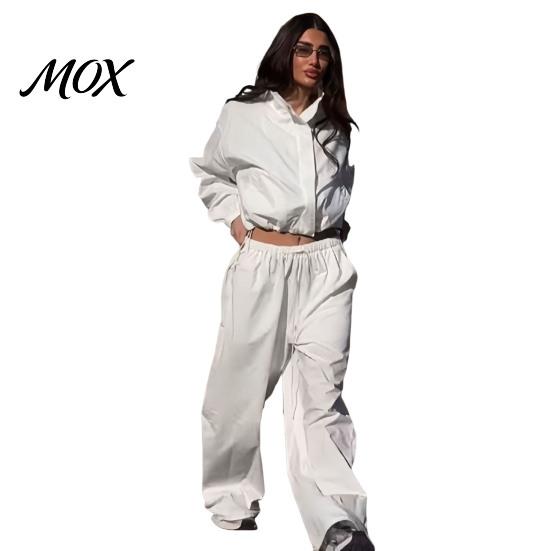 Women Casual Jacket Sets Pants Set for Fall, Stand Collar Zip-Up & Drawstring Loose Fit Clothing Waist Wide Leg Pants, Two Piece Matching Suit