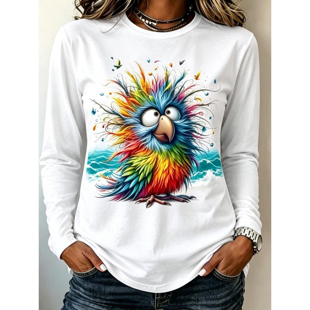 Autumn Women's  Fashionable Comfortable Creative Fun Colorful Animal 3d Printing T-shirt Soft Breathable Round Neck Long Sleeved T-shirt