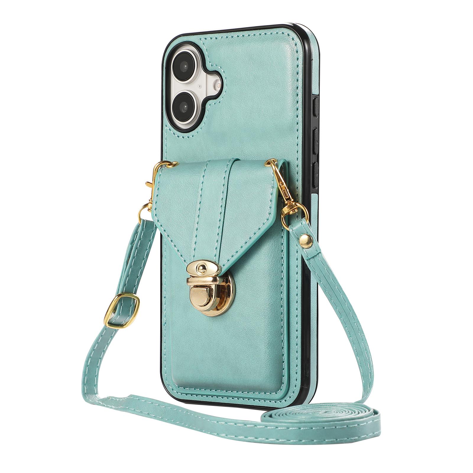 For iPhone 16 Case Card Holder Kickstand PU Leather + TPU Phone Cover with Shoulder Strap A