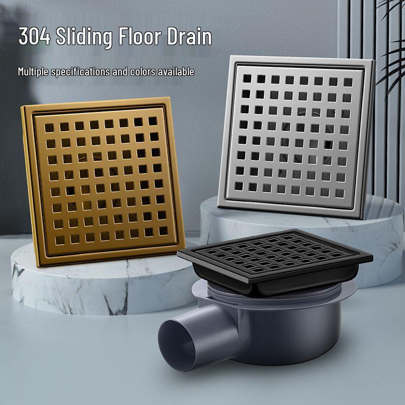 304 Stainless Steel European-Style Large Capacity Square Floor Drain with Sliding Side Drain.