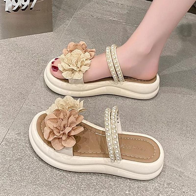 With Skirt, Flower Sandals, Women's 2025 Summer New Fairy Style Versatile Thick-soled French Wedge Heel Flat-soled Roman Shoes