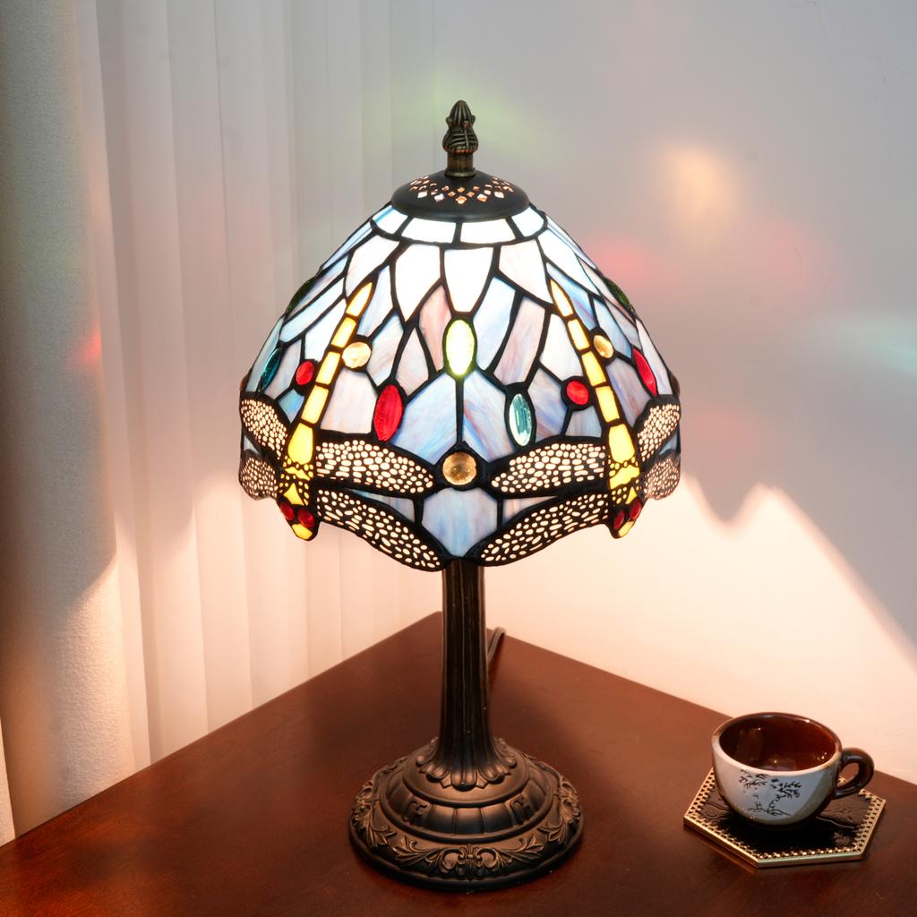 Modern stained glass table lamp,crystal bed style table light, handmade desk bedside night light,Blue Dragonfly table lamps