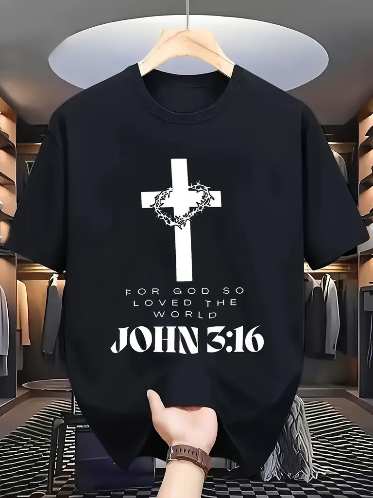 Mens Casual Shortsleeved Tshirt With Scripture And Cross Prints Regular Style Summer Religious Clothing Soft Material