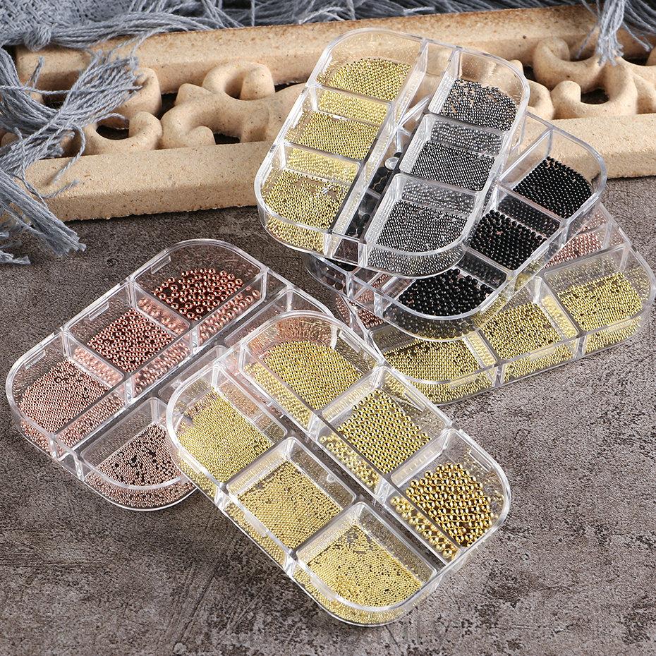 6 Grids Mini Stainless Steel Metal Bead 3D Sliver Gold Small Micro Beads DIY Nail Art Decoration Accessories