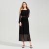 Women's High-Waist Round Neck Long Sleeve Midi Dress