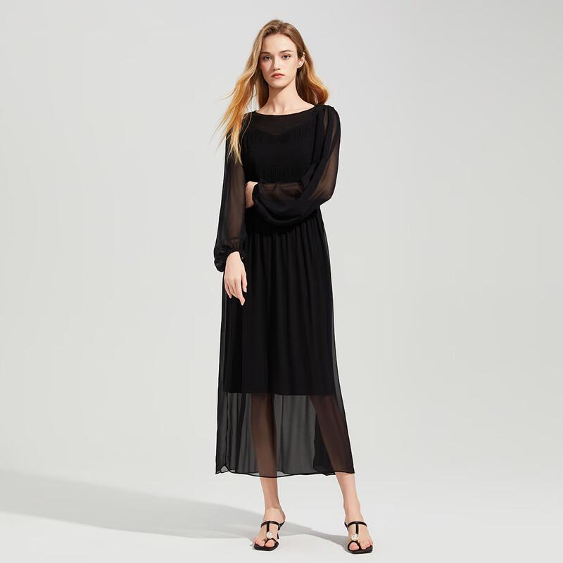 Women's High-Waist Round Neck Long Sleeve Midi Dress