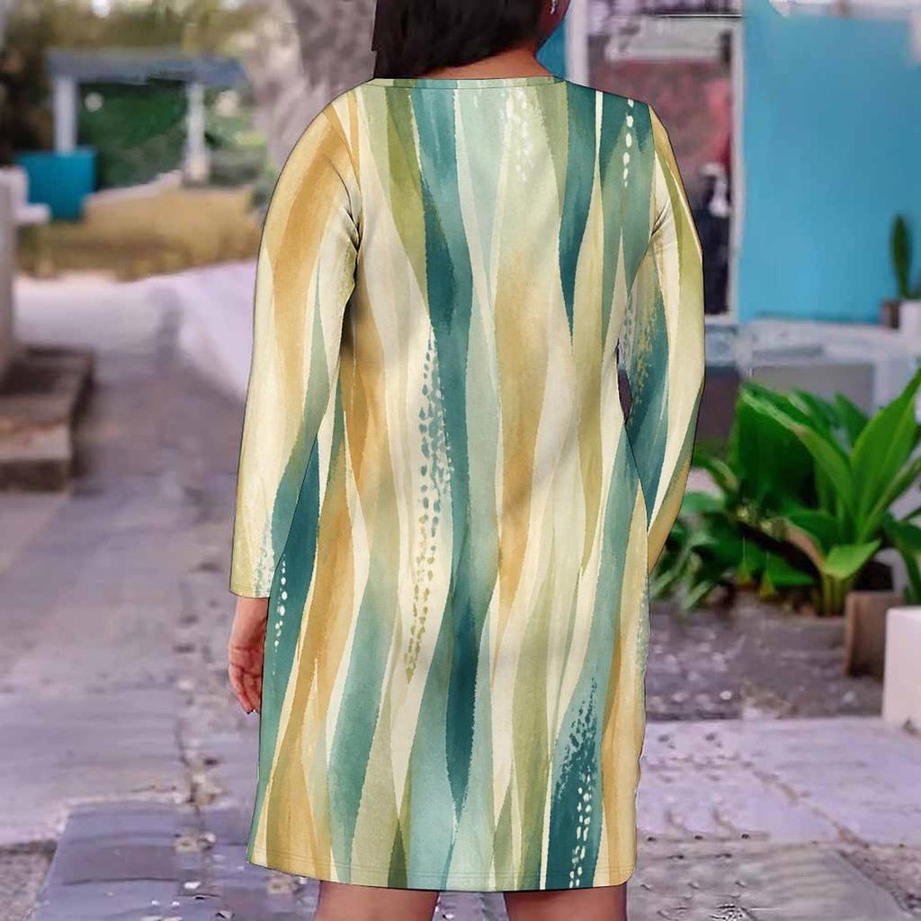 Women Plus Size V Neck Long Sleeve Yellow Brown Tie Dye Printed Straight Midi Dress