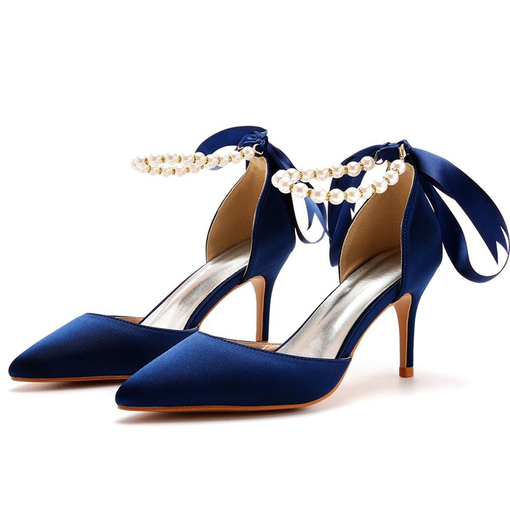7cm Thin Heeled Large Size Sandals Banquet Women's Shoes Streamer Beaded High Heels Sandals Satin Dress Long Skirt Shoes