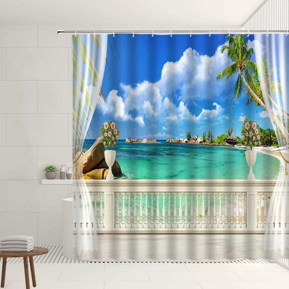 Ocean Scenery Shower Curtain Sets Beach Sail Starfish Boat Seagull Palm Tree Green Grassland Pattern Bathroom Decoration Screens